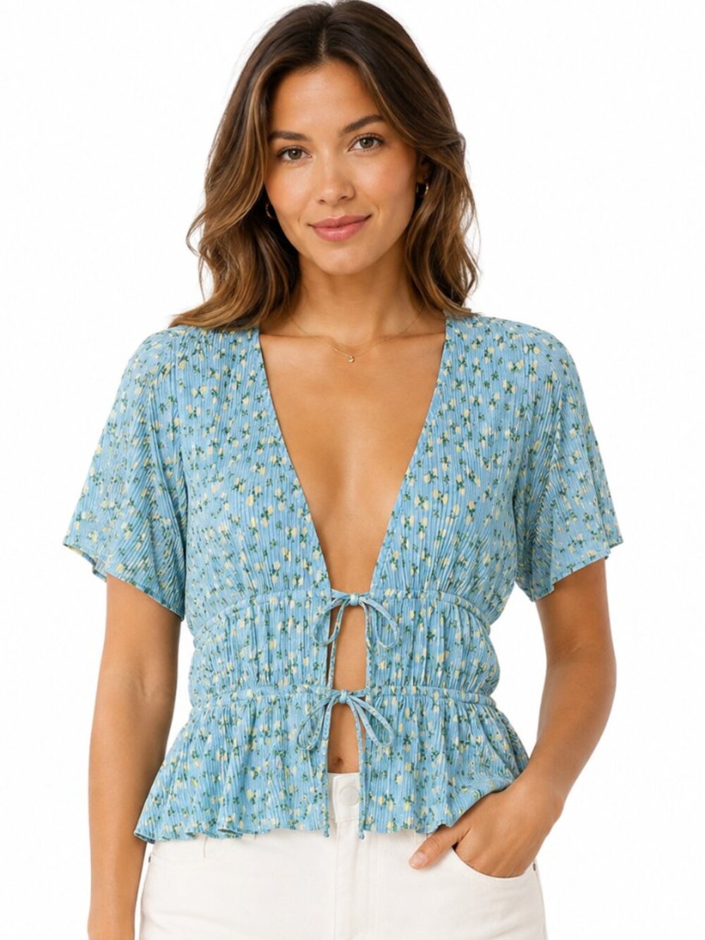 ASOS DESIGN Floral Peplum Top Blue Tie Front Short Sleeve Size 8